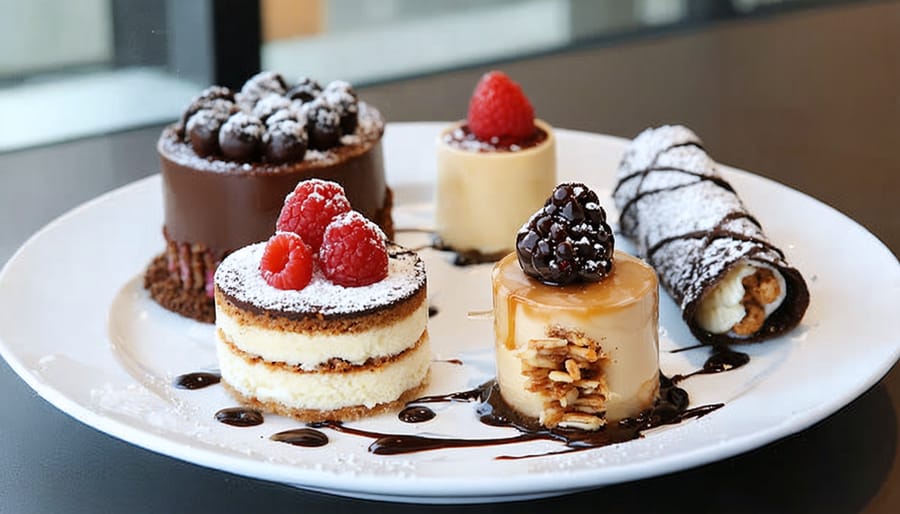 An artful display of Italian desserts including tiramisu and cannoli, paired with modern freeze-dried versions against a backdrop of a chic Vancouver café.