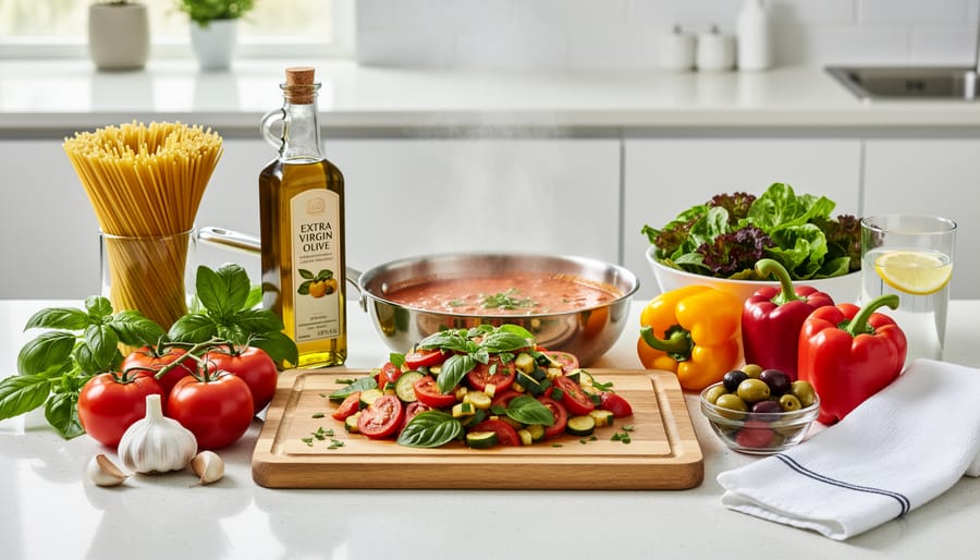 Fresh Mediterranean ingredients including tomatoes, basil, olive oil and vegetables on wooden cutting board