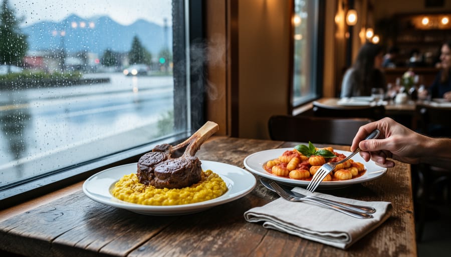 Steaming osso buco with saffron risotto and hand-rolled gnocchi on a rustic table in a cozy Vancouver Italian trattoria, warm light and a rainy window with blurred street and distant mountains in the background, a hand reaching for a fork.