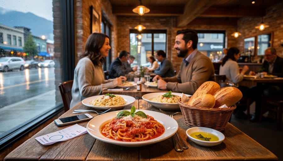 Hands holding bowl of fresh homemade Italian pasta with tomato sauce and basil in restaurant setting