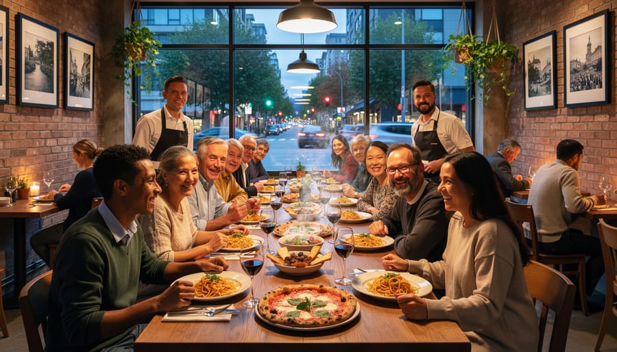 Group of people sharing meal and conversation at communal table in Italian restaurant