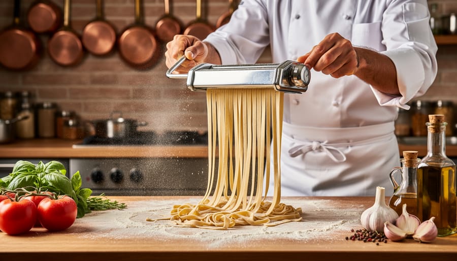 Hands using traditional pasta machine to roll fresh pasta dough