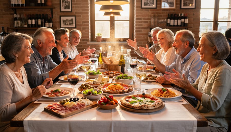 Overhead view of Italian family-style dinner table with multiple shared dishes and wine