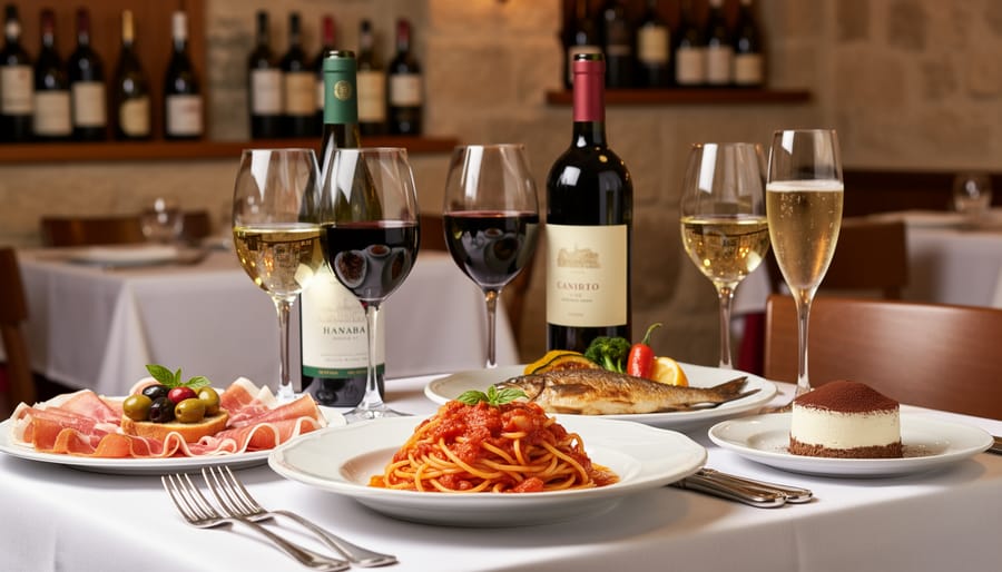 Sommelier pouring red wine into glass at Italian restaurant table