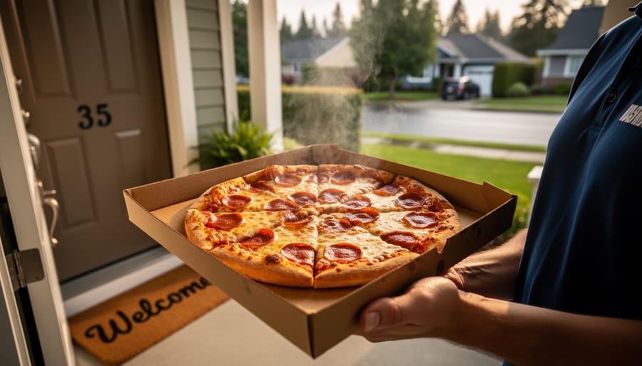 A hot cheese pizza being handed over at a home’s front porch in Vancouver, Washington