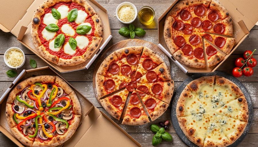 Assorted Italian-style pizzas on a wooden table with basil and melted cheese