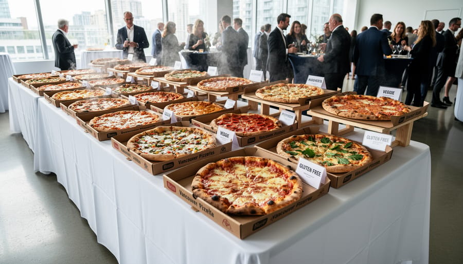 Assorted pizza catering spread on trays with multiple pizzas ready to serve