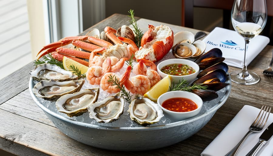 Chilled seafood and oyster platter with lemon and ice at Blue Water Cafe in Vancouver.