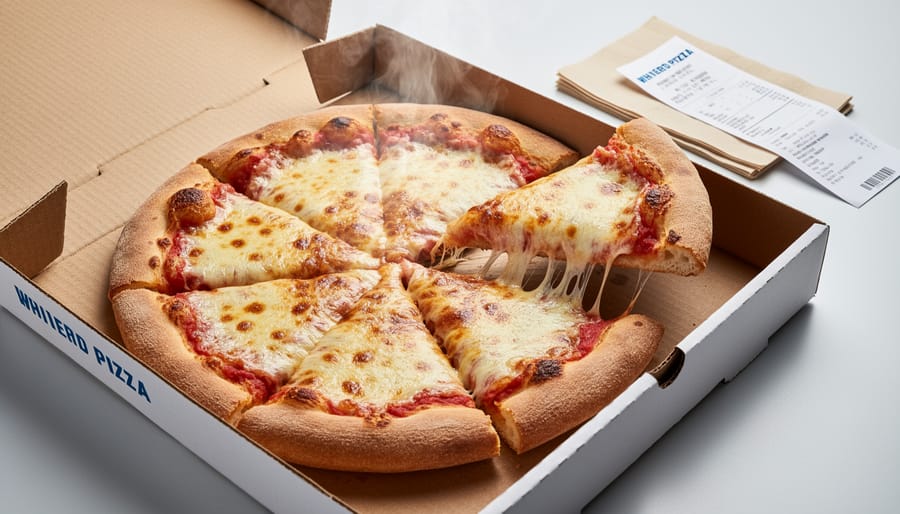 Close-up of a delivery pizza slice with melted cheese and intact crust partially lifted from a pizza box