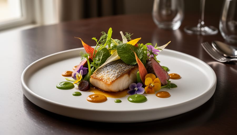Close-up of an elegant plated tasting menu course at Published on Main in Vancouver.