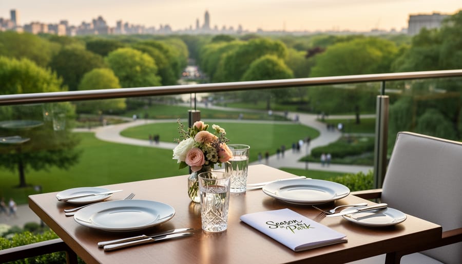 Fine dining table set on a terrace overlooking Queen Elizabeth Park at Season in the Park, Vancouver.
