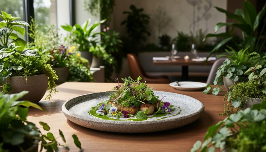 Garden-themed tasting plate surrounded by indoor plants at Botanist restaurant in Vancouver.