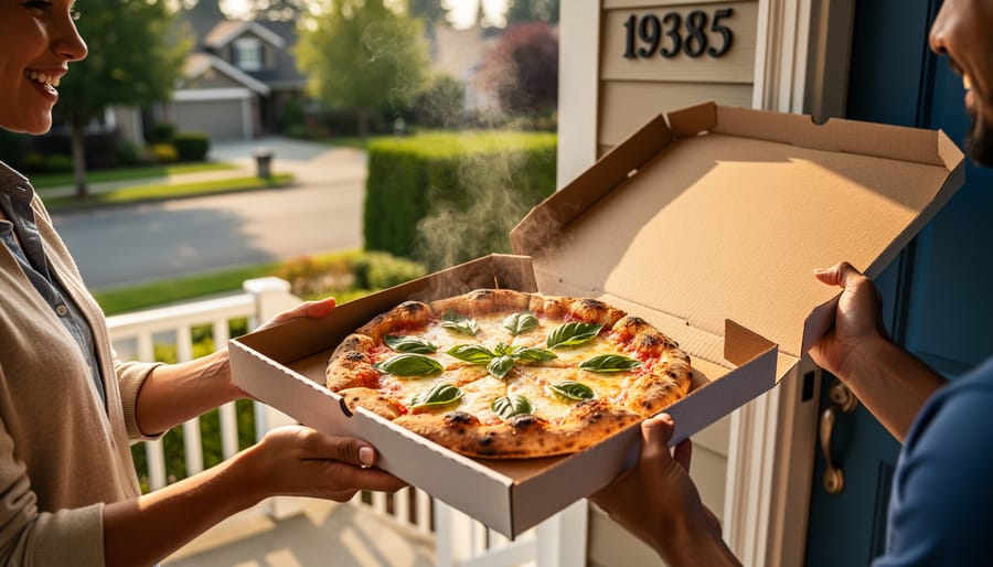 “A delivery person hands a steaming cheese pizza to a homeowner at a front porch in Vancouver, Washington.”