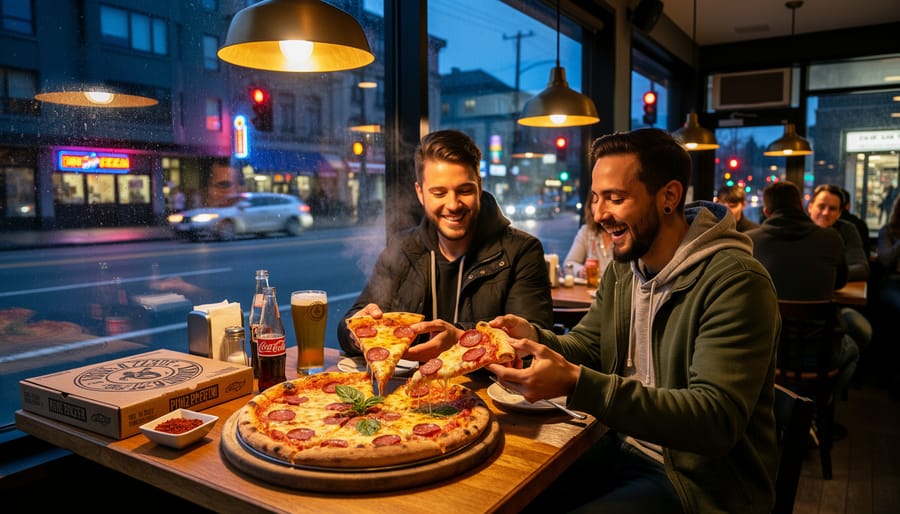 Late-night pizza dinner at a Vancouver pizzeria with people seated and a fresh slice box on the table