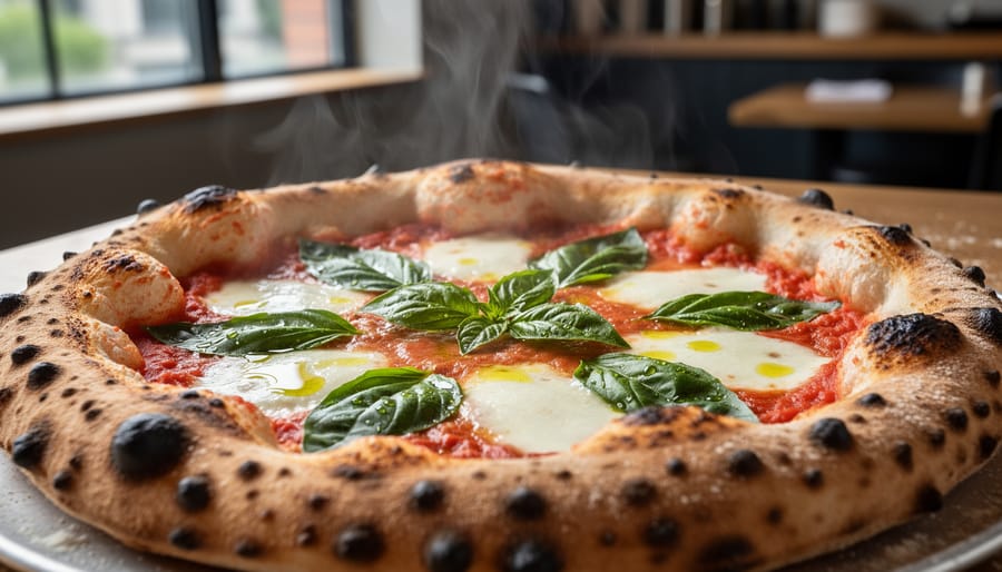 Margherita pizza with basil and fresh mozzarella on a wooden table