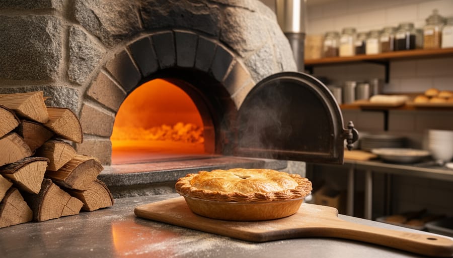 Pizza peel preparing a pizza in a glowing wood-fired stone oven