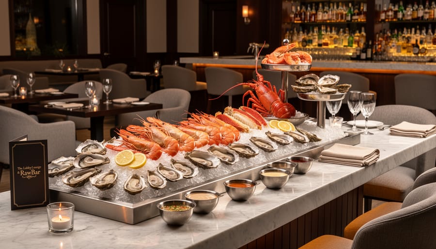 Shellfish on ice and elegant bar lounge lighting at The Lobby Lounge & RawBar in Vancouver.