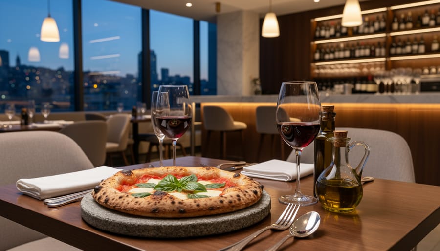 Upmarket Italian restaurant table scene with pizza being served under warm lighting