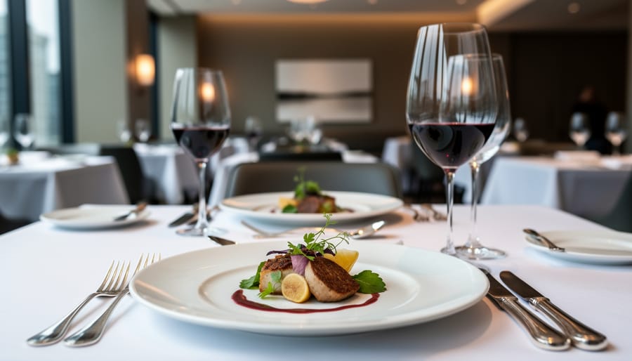 Upscale table setting with wine glasses and plated dish at Hawksworth Restaurant, Vancouver.