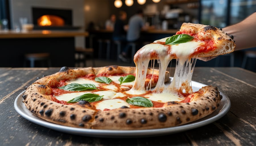 Close-up of a blistered margherita pizza with melted fior di latte cheese on a rustic wood table in a cozy pizzeria setting.