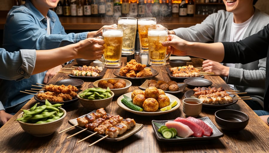 Group dining at a cozy izakaya table with yakitori skewers, takoyaki, edamame, and sake.