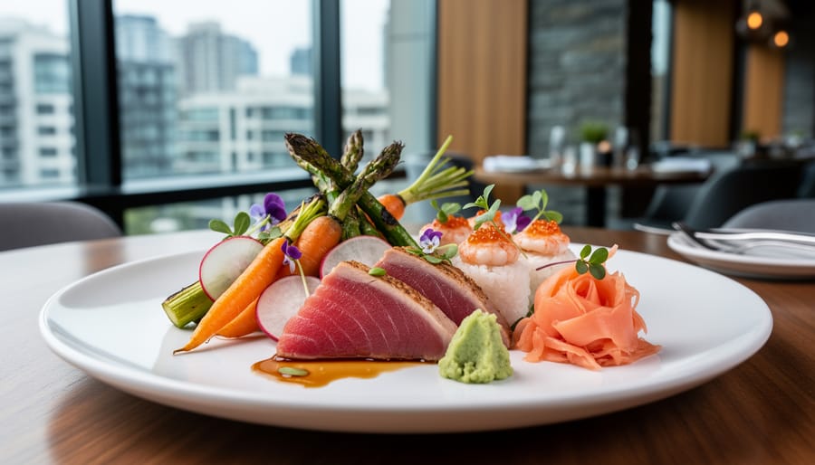 Modern Japanese fusion sushi with torched seafood topping and yuzu sauce on a ceramic plate.
