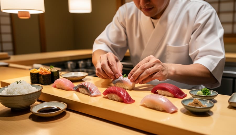 Sushi chef preparing nigiri at an omakase counter with sushi pieces visible nearby.
