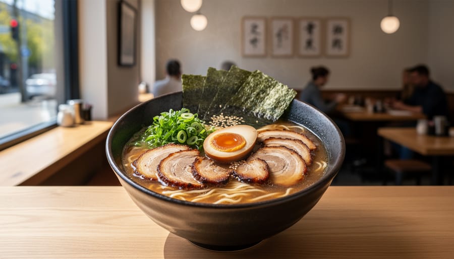 Close-up of a steaming ramen bowl with chashu, egg, and scallions.