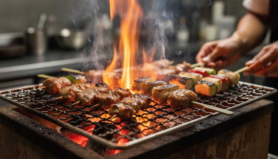 Charcoal robata grill with yakitori skewers cooking over glowing embers.