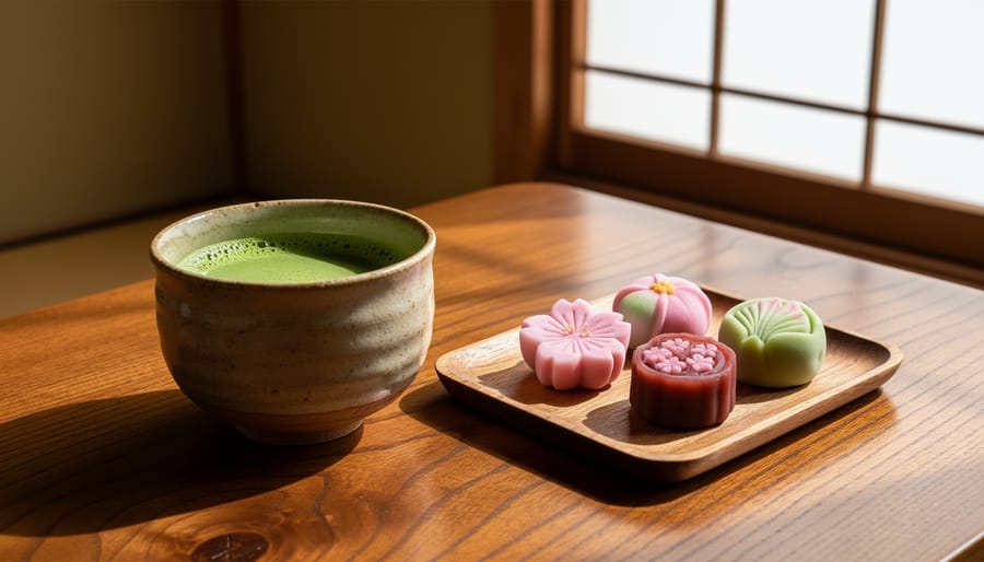 Cup of matcha and traditional wagashi sweets on a lacquer tray.