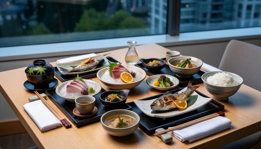 Seasonal kaiseki dishes on a lacquer tray with small ceramic bowls on a dining table.