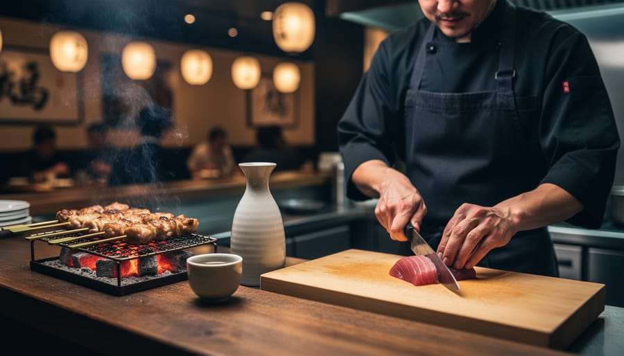 Chef slicing sashimi at a wooden counter in a Vancouver izakaya, with charcoal yakitori skewers and sake in soft focus nearby.