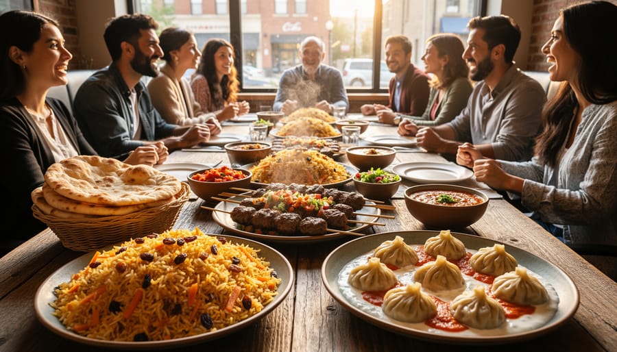 Communal table with traditional Afghan food including kebabs, rice, and flatbread in a warm restaurant setting