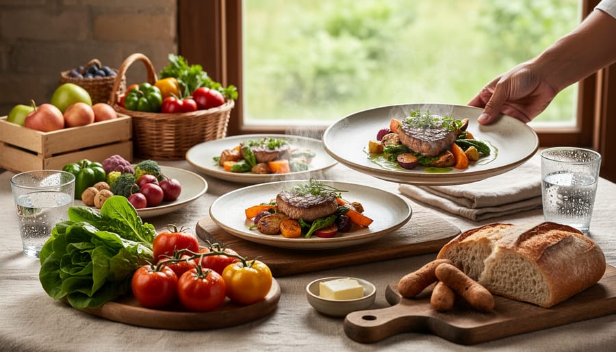 Server presenting a seasonal ingredient platter beside plated dishes in a bright farm-to-table dining room