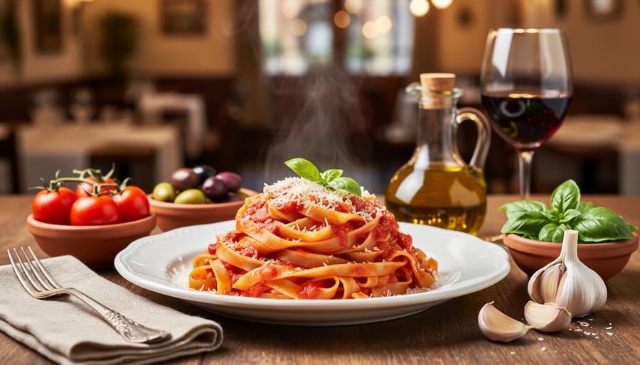 Chef plating handmade pasta on a rustic table with basil and olive oil in a warm Italian restaurant setting