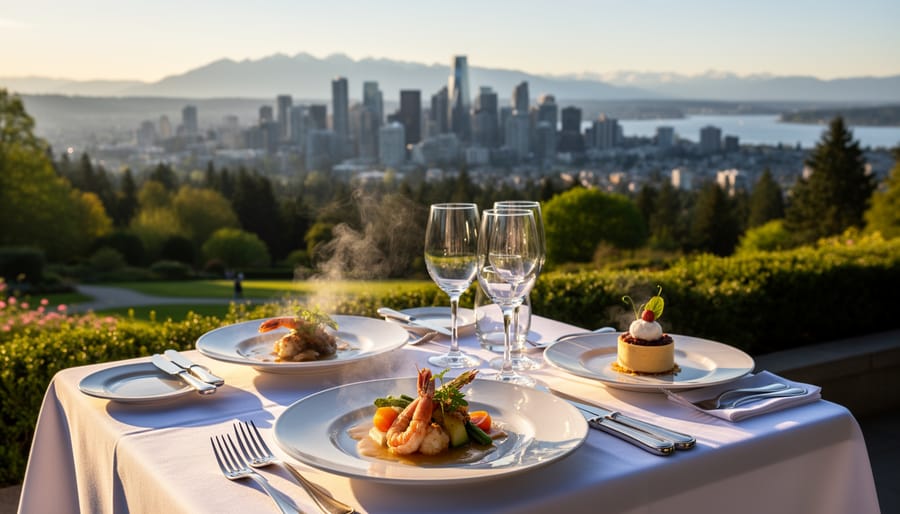 Elegant dinner table on a terrace with warm lighting and a panoramic view of Vancouver in the background