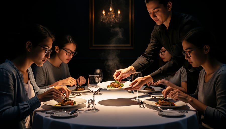 Diners seated at a table in near darkness with a plated course softly lit in a blind dining setting