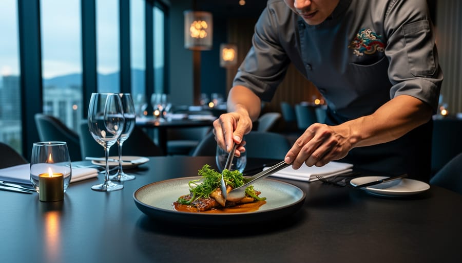 Chef’s hands placing an artfully plated West Coast–inspired dish onto a dining table in a stylish Vancouver restaurant with warm candlelight and blurred interior background.