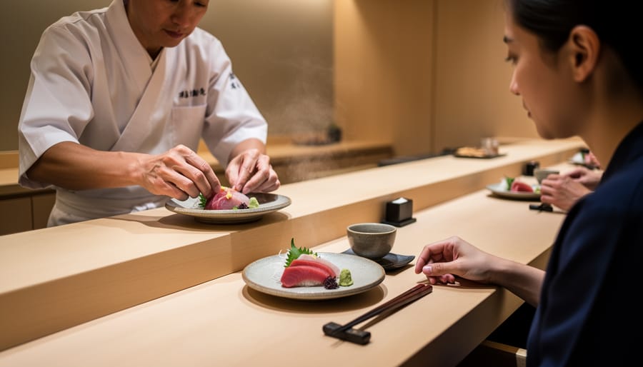 Chef’s hands plating nigiri at a sushi counter during an omakase dining experience