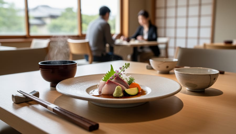 Overhead view of neatly arranged Japanese sashimi on a minimalist plate with soy sauce and garnishes