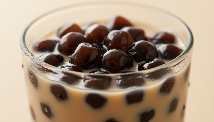 Close-up of tapioca pearls being scooped from a clear bubble tea cup