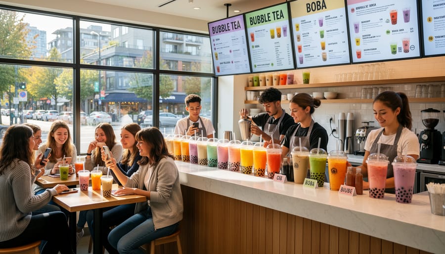 Vancouver bubble tea shop counter with cups and customers in the background