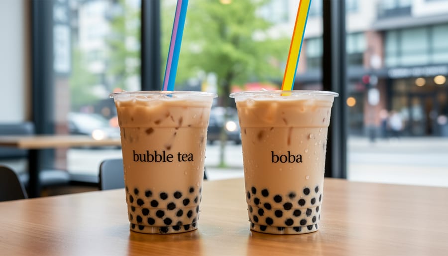 Two cups of iced bubble tea with tapioca pearls on a café table